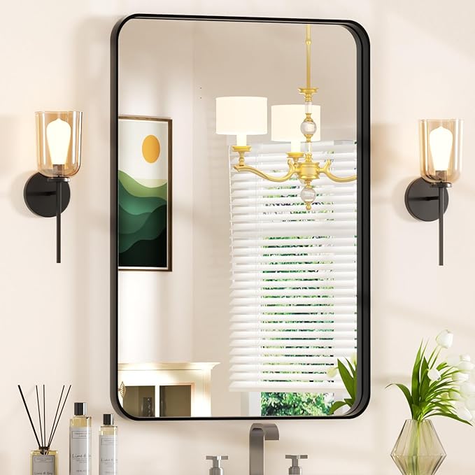 24×36 Black Bathroom Mirrors for Over Sink - Rectangular Wall Mirror with Rounded Corners & Metal Frame, Tempered-Glass Entryway Wall Decor for Bedroom, Living Room, Vanity, Horizontal/Vertical