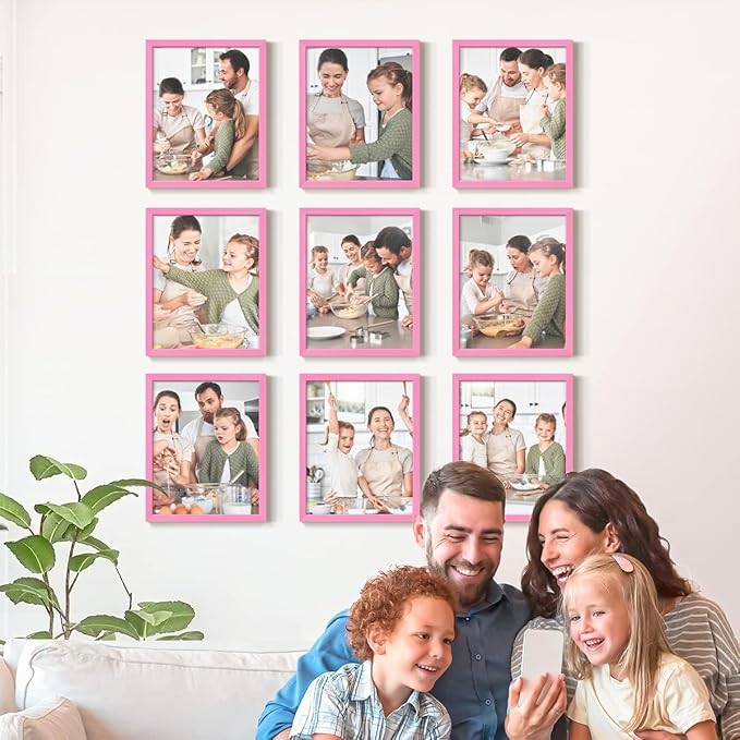 Renditions Gallery Set of 9, 11X14 Custom Photo Prints with Real Wood Picture Frames. Create Personalized Photos with Peel & Stick Photo Frames. Pink Frame