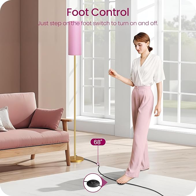 Dimmable Pink Floor Lamp for Living Room with Remote and Foot Switch, Corner Floor Lamp, 66'' Standing Tall Lamp, 10W 900LM Bulb Included, 3000K-6500K, Linen Shade, Gold Pink, FCC Listed DP06LD05W1