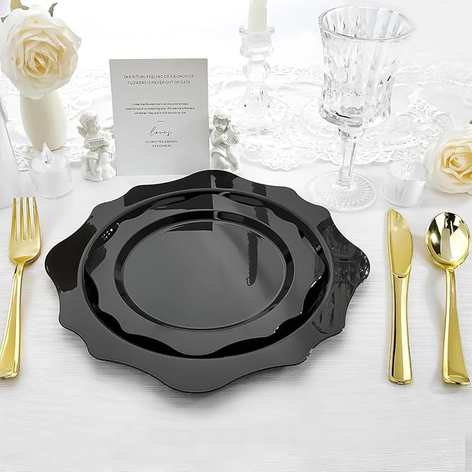 100 PCS Black Disposable Plates for 50 Guests, Scalloped Plastic Plates Include 50 Dinner Plates and 50 Dessert Plates for Party, Wedding, Graduation and Father's Day