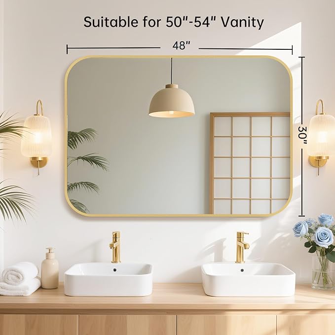 48x30 Inch Gold Bathroom Mirror, Brushed Brass Gold Metal Framed Rectangular Mirror with Rounded Corner, Bathroom Vanity Mirror for Bedroom or Living Room, Horizontal/Vertical