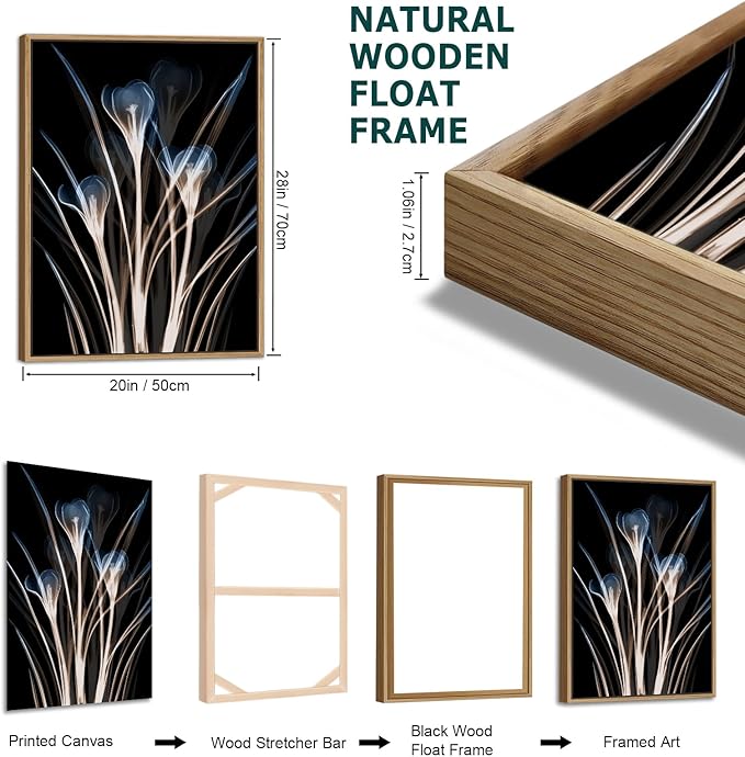Large Modern Framed Wall Art - Natural Float Framed Blue Brown Flowers Black Canvas Pictures Decor Abstract Botanical Artwork for Living Room Bedroom Kitchen Home Office Decoration 60" X 28" Set of 3