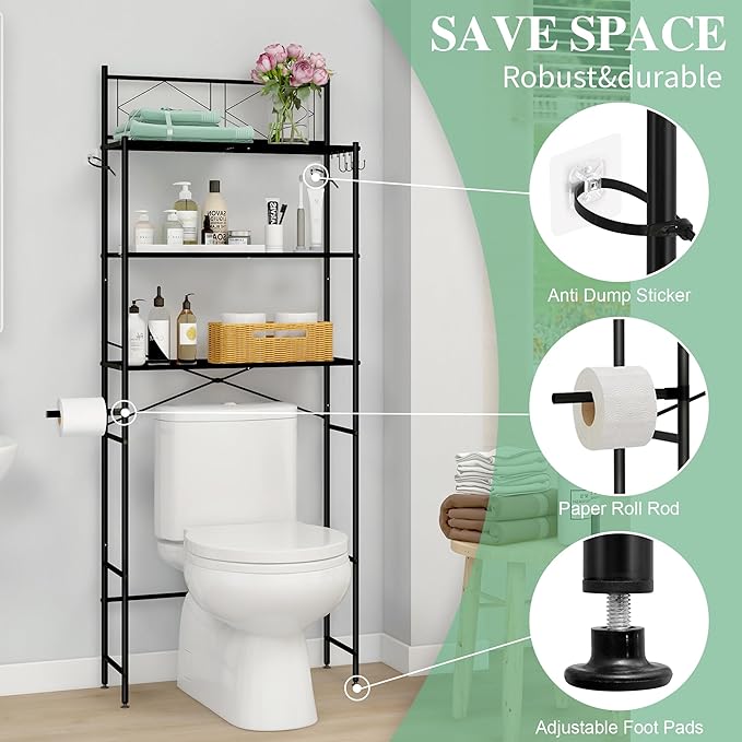 MallBoo Over The Toilet Storage Rack,Metal 3-Tier Over Toilet Organizer Shelf,Freestanding Above Toilet Shelf for Bathroom, Laundry(Black)