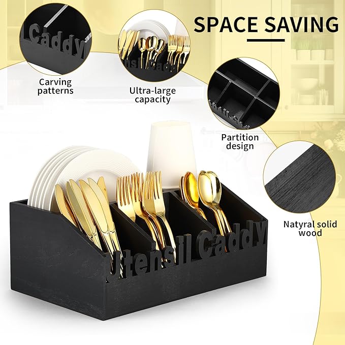 12.6 in Wooden Paper Plate Dispenser Black Utensil Caddy Silverware Napkin and Utensil Holder Rustic Large Silverware Holder for Kitchen Counter