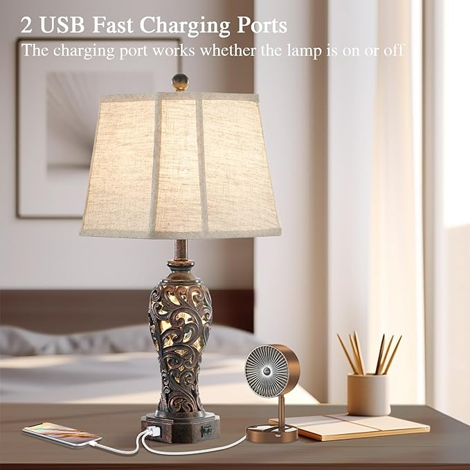 Set of 2 Farmhouse Table Lamps for Living Room, Rustic Vintage Nightstand Lamp with 2 USB Port, Bronze Resin Lamps for Bedroom End Table with Hollow Out Nightlight, 2 Bulbs Included