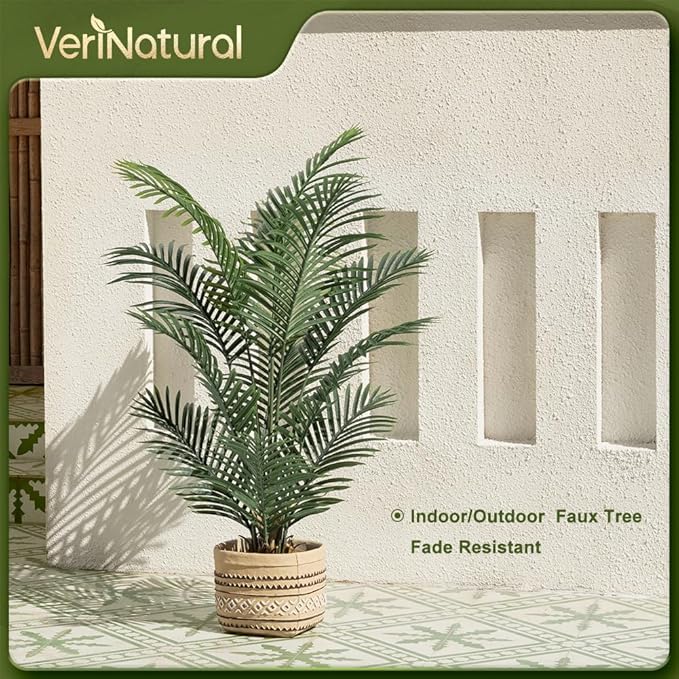 Artificial Palm Tree, 4FT Tall Fake Palm Trees with UV Resistant Leaves, Potted Faux Areca Palm Plant for Indoor Outdoor, Large Floor Plants for Home Living Room Porch Decor, VN125