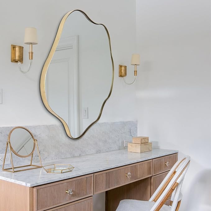Gold Irregular Mirror, Scalloped Rounded Mirror, 30"x26.8" Asymmetrical Wall Mirrors, Wavy Decorative Mirrors for Living Room Bathroom Bedroom Hallway Entryway Fireplace