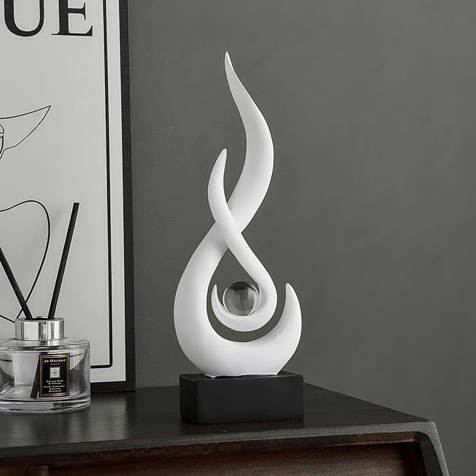 FJS White Decor Modern Flame Statue Home Decorations for Living Room, 11.8" H Resin Sculptures Home Décor Accents, Abstract Art Sculpture for Dining Room Office Coffee Table Centerpiece