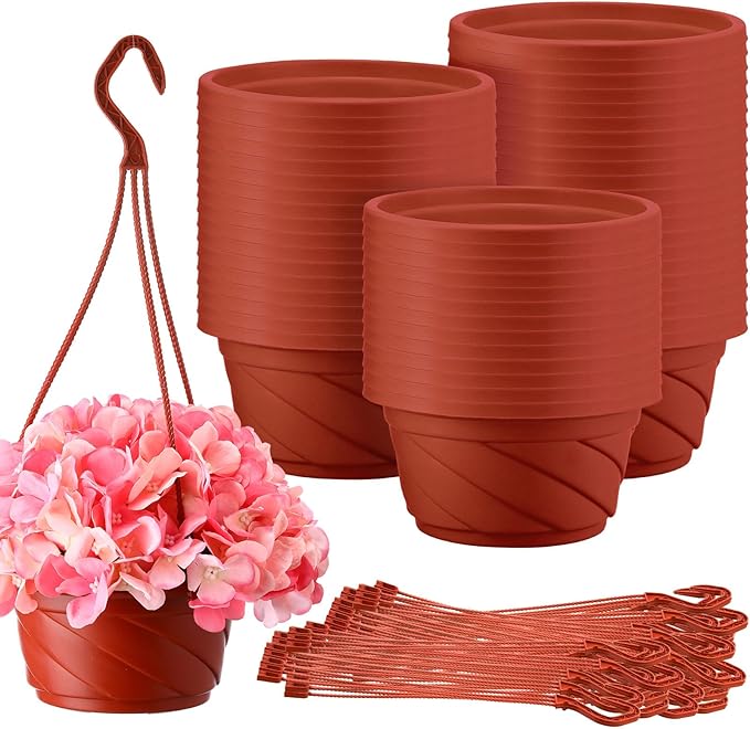 Tioncy 50 Pcs Plastic Hanging Planter Round Hanging Pot for Plants Containers with Hook Flower Plant Pots Holders for Outdoor Indoor Plant Balcony Garden Decor(Coffee)