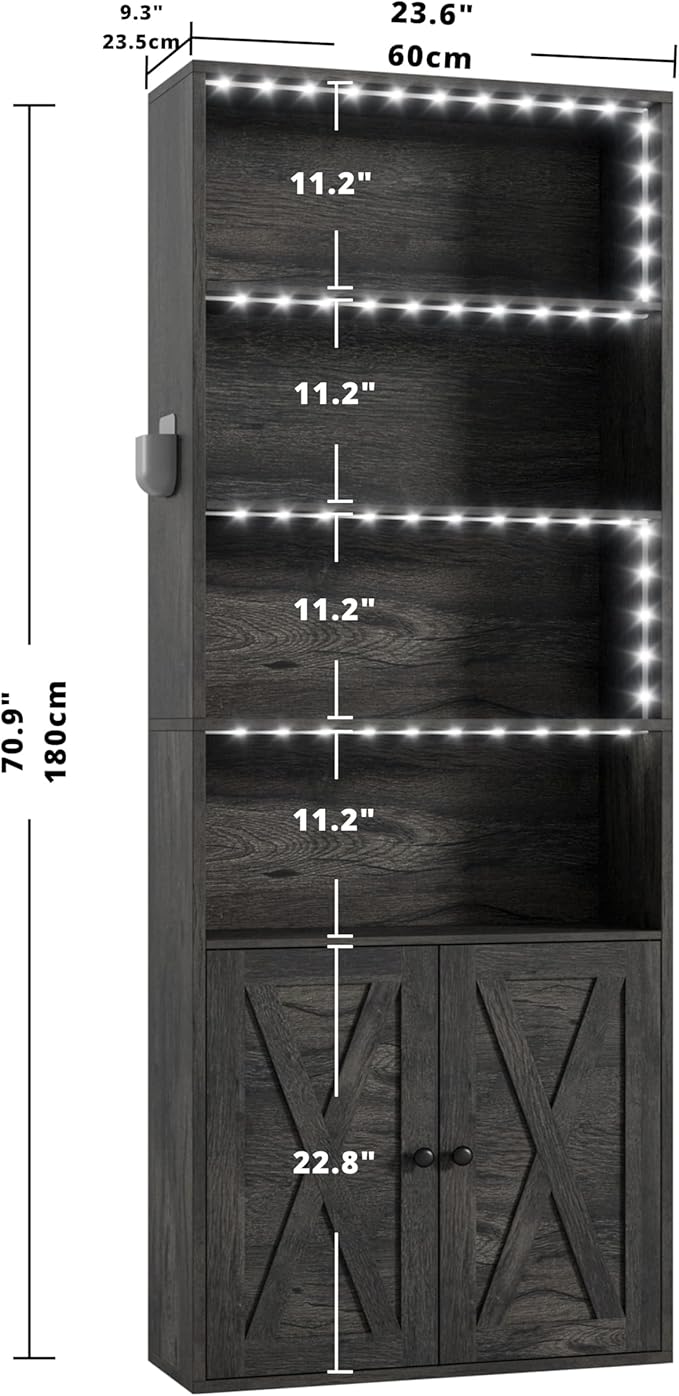 IRONCK Tall Bookcase with LED Lights, 70 in Industrial Bookshelf Display Shelf Floor Standing for Home Office, Living Room, Bed Room