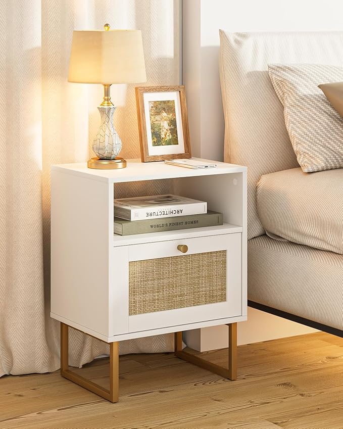 Rattan Nightstand, Mid Century Modern Night Stand,Boho Farmhouse Wood Bedside Table with Storage and Open Shelf, End Side Accent Table for Bedroom,Living Room,White