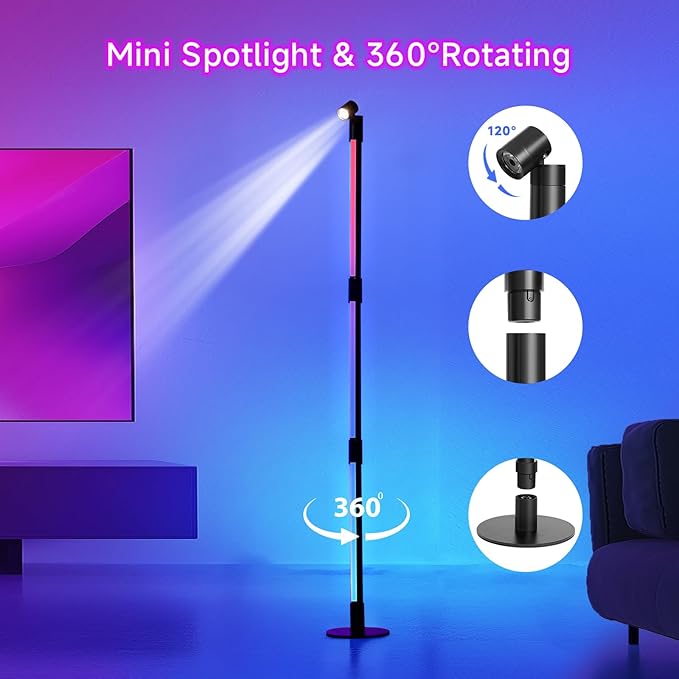 Corner Floor Lamp - Black RGB LED Floor Lamp with Music Sync and 16 Million DIY Colors, App & Remote Control, Color Changing Modern Smart Corner Lamp for Bedroom Living Room