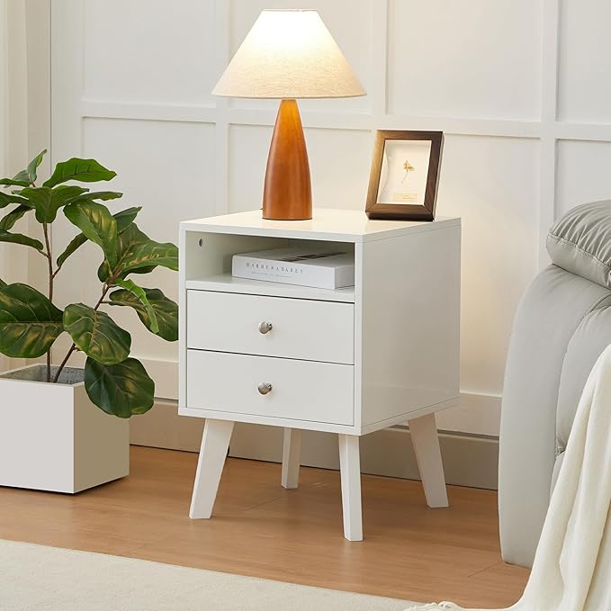 White Nightstand with 2 Drawers and Open Shelf Wooden Bed Side Table Storage Night Stand for Bedroom, Living Room