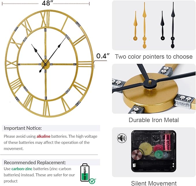 Large Wall Clock for Living Room Decor – 48 Inch Silent Non-Ticking Modern Farmhouse Wall Clock, Oversized Decorative Metal Roman Numeral Clock, Gold