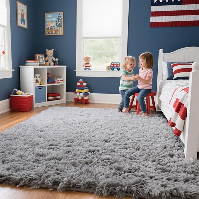 Light Grey Fluffy 9x12 Area Rug for Living Room, Plush Shag Rugs for Bedroom, Large Soft Furry Carpets for Kids Room, Modern Indoor Nursery Carpet for Classroom Dorm Cozy Comfy Home Decor
