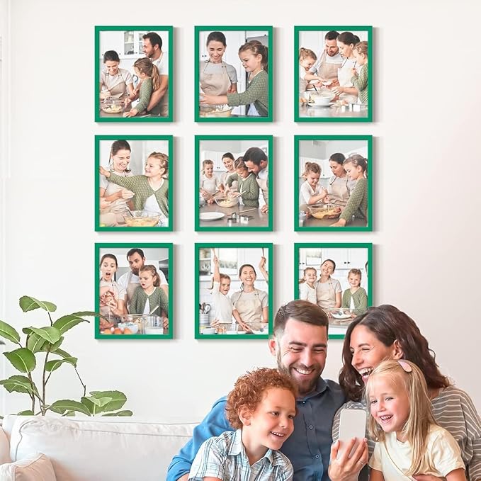 Renditions Gallery Set of 9, 11X14 Custom Photo Prints with Real Wood Picture Frames. Create Personalized Photos with Peel & Stick Photo Frames. Green Frame