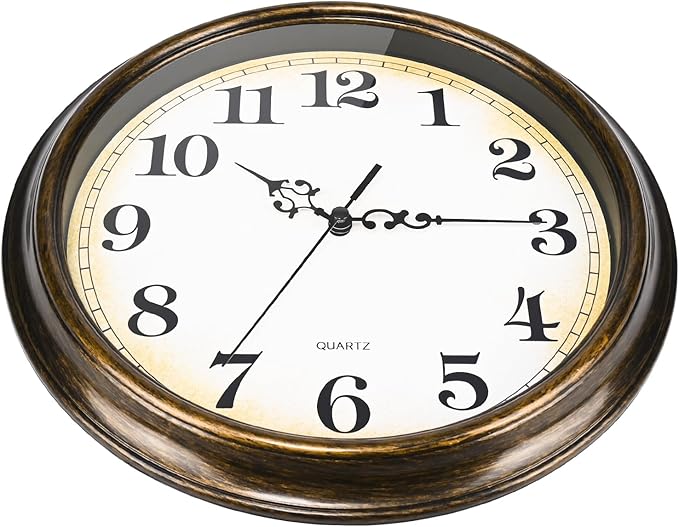 Wall Clock Battery Operated Silent Non-Ticking Vintage Wall Clocks for Kitchen, School, Living Room (12Inch, Bronze)
