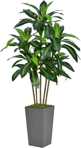 Artificial Dracaena Tree 5FT - Faux Tree with Gray Tall Planter - Fake Tropical Yucca Floor Plant in Pot - Artificial Silk Tree for Home Office Living Room Decor Indoor