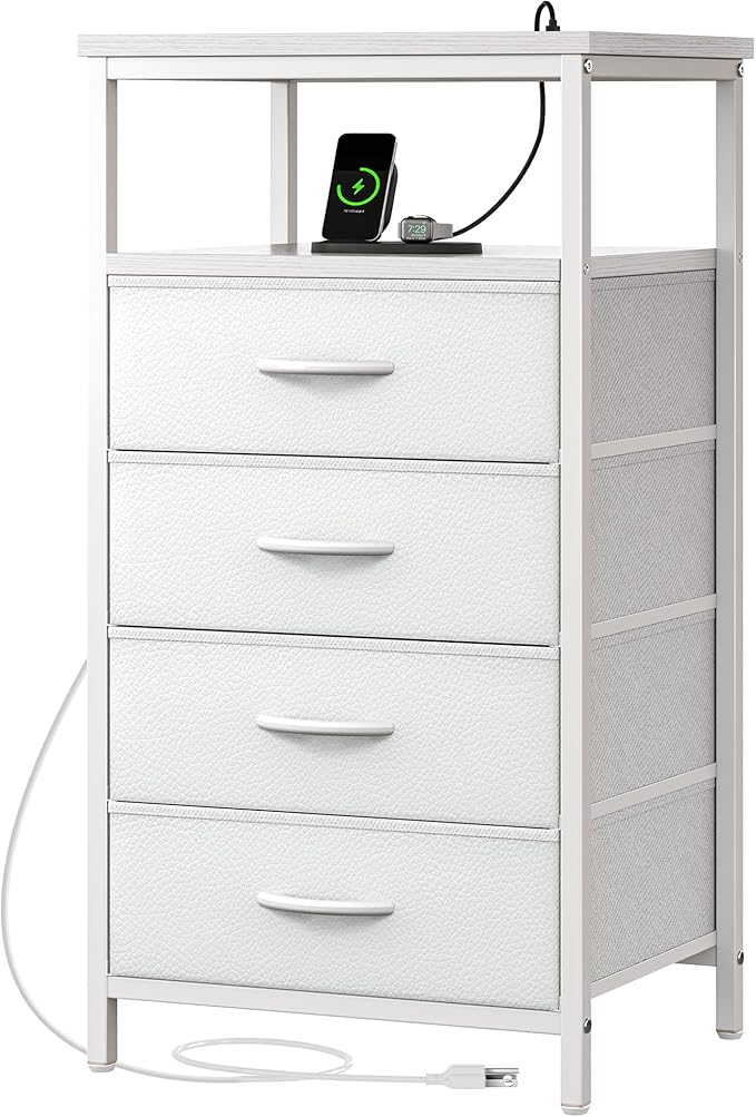 Huuger Night Stand with Charging Station, Multiple Drawer Dresser for Bedroom, Bedside Table, Tall Nightstand with PU Leather Finish, Open Shelf, End Table, for Closet, Entryway, Bedroom, White