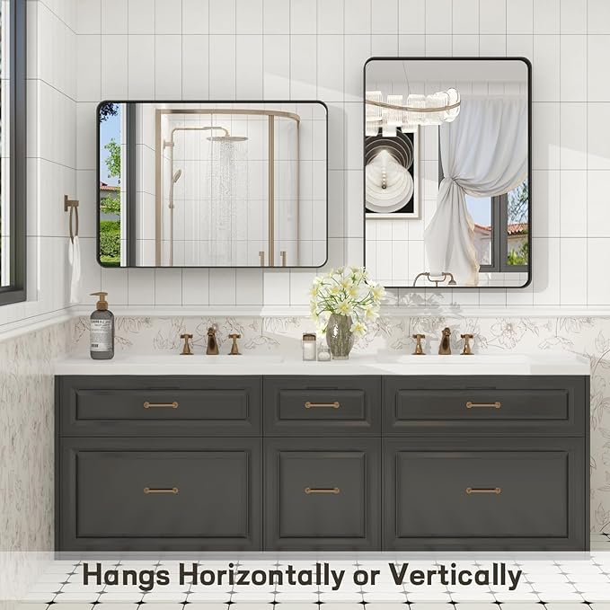 22x30 Inch Black Metal Framed Mirror for Bathroom, Matte Black Vanity Mirror, Rounded Rectangle Bathroom Mirror, Anti-Rust, Shatterproof (Horizontal/Vertical)