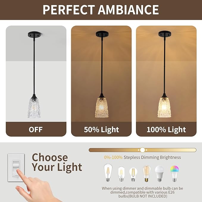 Glass Pendant Lights Kitchen Island, 1-Light Modern Black Pendant Light Fixtures with Hammered Clear Glass and Rods, Farmhouse Mini Hanging Light for Kitchen Sink Dining Room Bedroom, E26