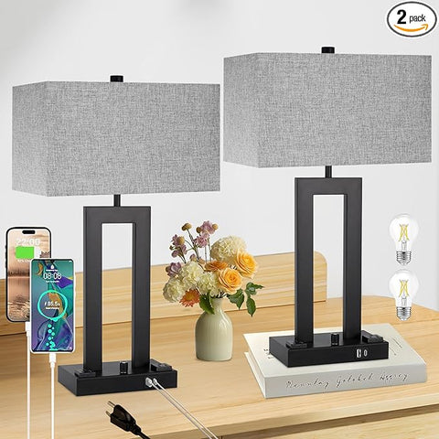 Modern Table Lamps Set of 2-22" Tall Bedside Lamps with USB-C/USB-A Charge Ports & Outlet, Stepless Dimmable Fabric Gray Shade Nightstand Lamps for Bedroom & Living Room