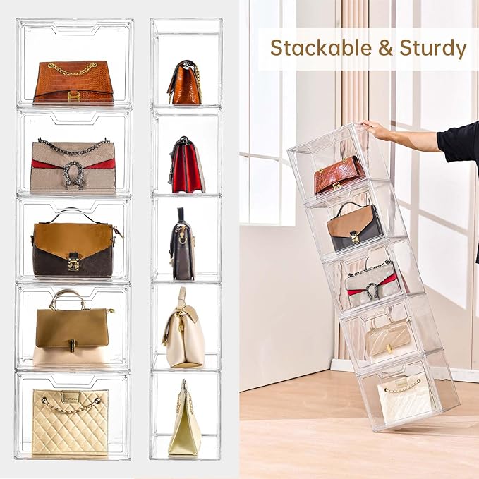 Stackable Storage Bins, Clear Acrylic Display Case, 9-Pack Acrylic Boxes with Lids, Clear Storage Containers Storage for Handbags, Collectibles & Figures