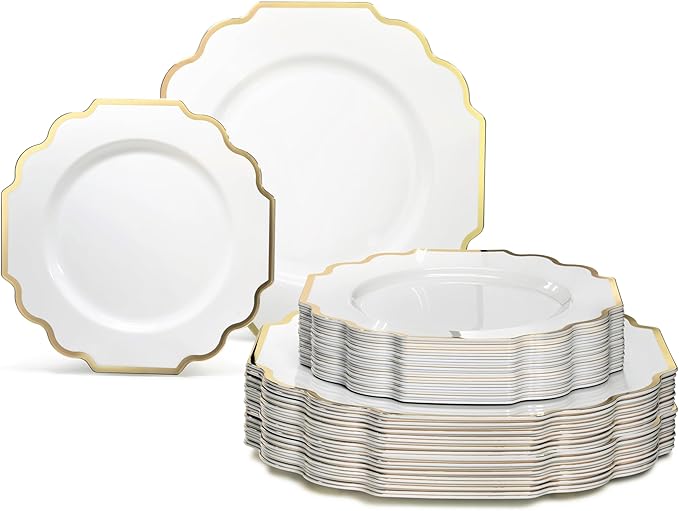 " OCCASIONS " 80 Plates Pack,(40 Guests) Heavyweight Wedding Party Disposable Plastic Plates Set -40 x 10.5'' Dinner + 40 x 8'' Salad/Dessert Plate (Imperial White & Gold)