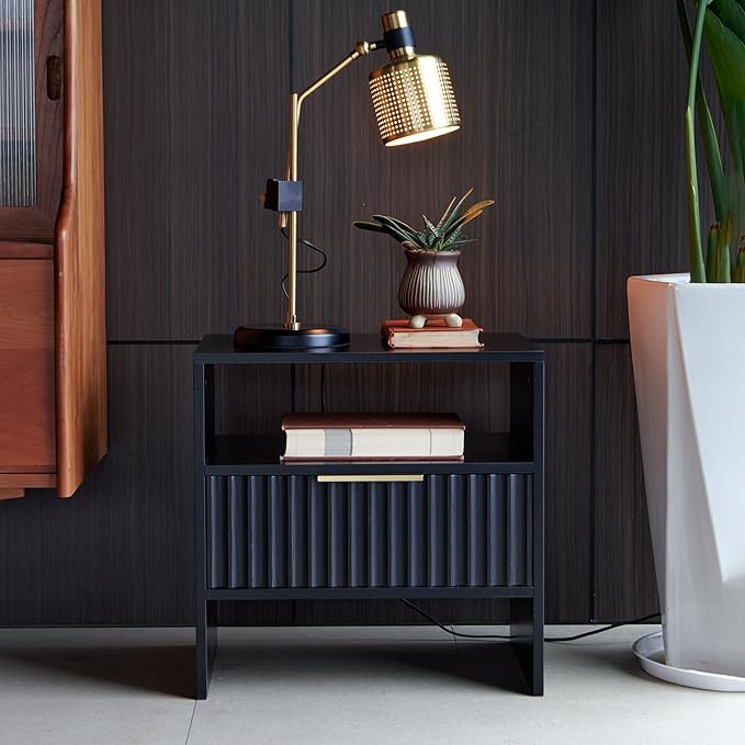 Night Stand with Drawer Open Storage Shlef Modern Badside Stand End Table Fluted Mid Century Nightstand for Bedroom Living Room Sofa Couch Home Office Black