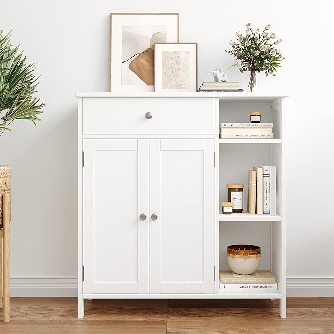 Irontar Bathroom Cabinet with Doors, Bathroom Floor Cabinet with Drawer & Adjustable Shelf, Kitchen Cupboard Storage for Living Room, Entryway, White