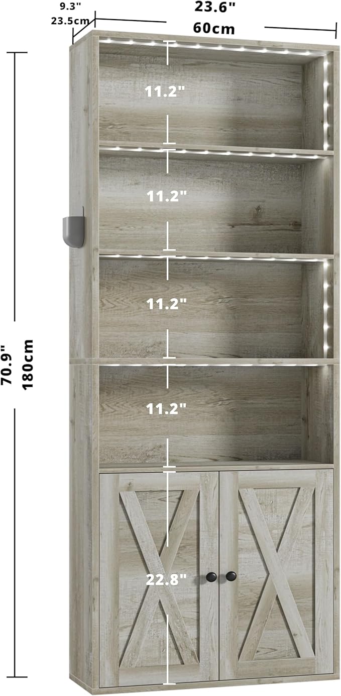 IRONCK Tall Bookcase with LED Lights, 70 in Industrial Bookshelf Display Shelf Floor Standing for Home Office, Living Room, Bed Room