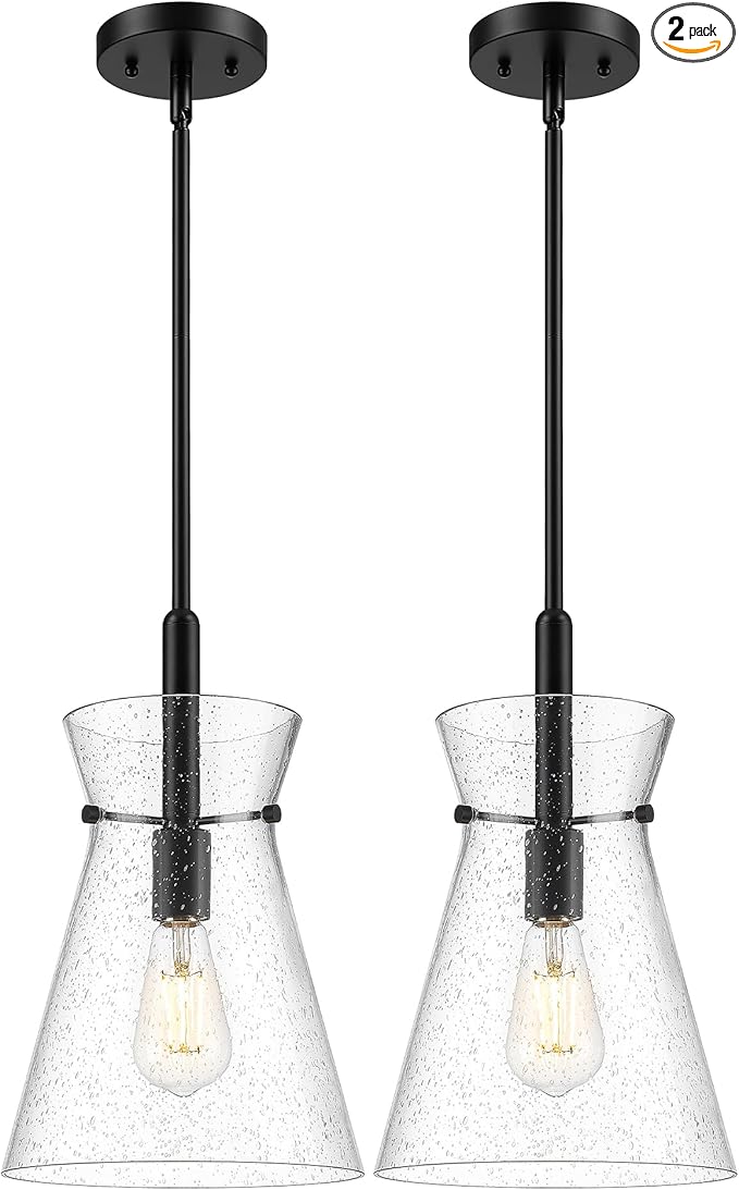 Emak 2 Pack Black Pendant Lights Kitchen Island, Modern 9 Inch Seeded Glass Pendant Light Fixtures, Farmhouse Large Hanging Lights for Kitchen Island, Dining Room, PL130-BK-SG-2PK
