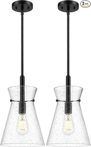 Emak 2 Pack Black Pendant Lights Kitchen Island, Modern 9 Inch Seeded Glass Pendant Light Fixtures, Farmhouse Large Hanging Lights for Kitchen Island, Dining Room, PL130-BK-SG-2PK