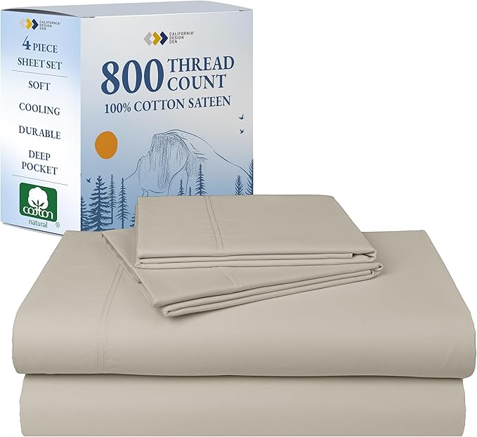 California Design Den Luxury Queen Sheet Set - 800 Thread Count, 100% Cotton Sateen for Queen Size Bed - Bedding Set with Deep Pockets, Cooling & Softer Than Egyptian Cotton Bedsheets (Beige)