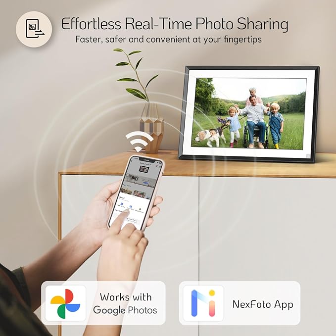 NexFoto 10.1 Inch Touchscreen Digital Picture Frame 64GB, HD WiFi Digital Photo Frame, Unboxing Gift Mode, Add Photos from Google Photos, Easy to Share Photos/Videos, Gifts for Mom, Black