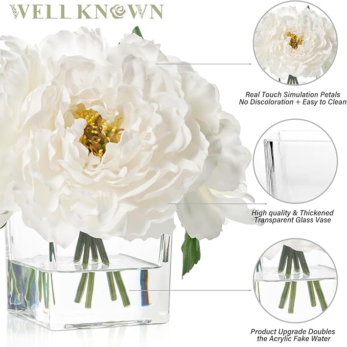Artificial Peonies Flowers Arrangements in Cube Glass Vase, WELLKNOWN Ivory White Silk Flower Centerpieces for Dining Room Table, Coffee Table Decor, Faux Peony Flowers with Faux Water