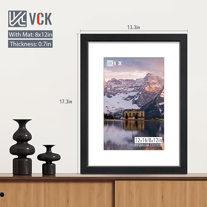 VCK 12×16 Picture Frame Black Set of 2 for Display Picture 8x12 with Mat or 12×16 without Mat Poster Frame Made of MDF Wood and Tempered Glass Black