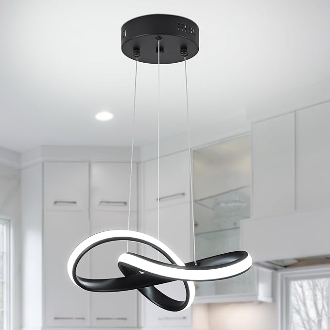 LED Chandelier Modern Pendant Light Fixture Simple Irregular Streamline Ring Light Black with 4500K and 59in Height Adjustable Hanging Lamp for Kitchen Island Hallway Foyer Closet Corridor
