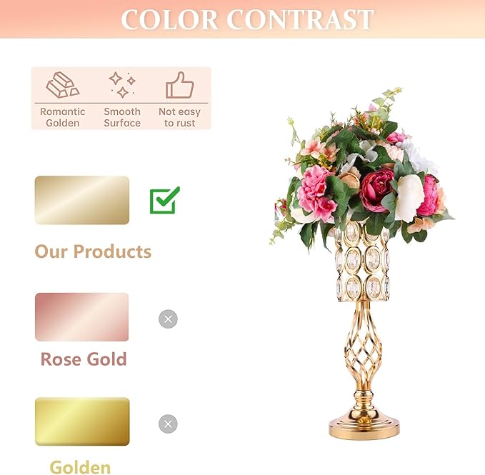 2pcs Gold Flower Trumpet Vases for Wedding Centerpieces for Tables, 20in Metal Diamond Crystal Flower Stand for Wedding Decorations for Reception Party Dining Room Living Room Decor