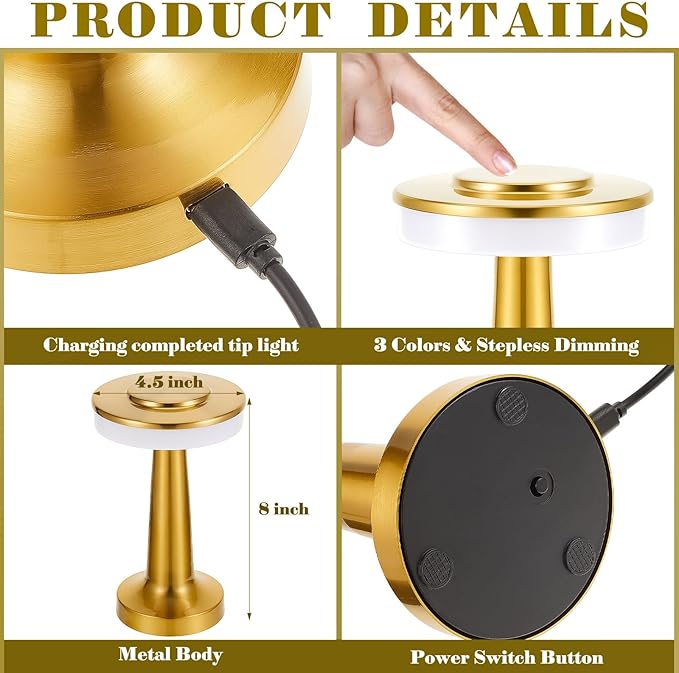 Riakrum 4 Pcs Portable Cordless Table Lamp with Touch Sensor 3 Color Stepless Dimming Rechargeable Battery up to 15 Hours Cordless Table Light Wireless Lamp for Nursery(Gold)