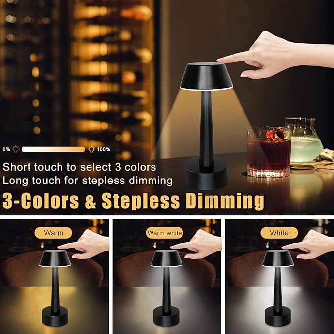 UMEXUS 2 Pack Rechargeable Small Cordless Table Lamp, LED Battery Operated Touch 3 Color Dimming Bedside Nightstand Desk Lamps Metal Portable Night Lights for Bedroom Bar Restaurant Outdoor Black