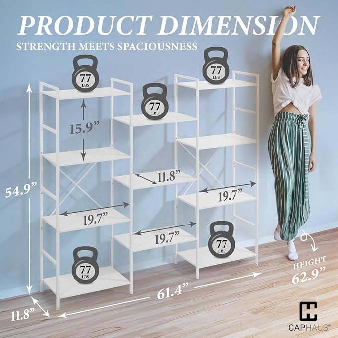 CAPHAUS Triple Column 4 Tier Bookshelf, Industrial Triple Bookcase with 11 Open Display Shelves, Adjustable Wide Shelf for Living Room, Bedroom, Home and Office, White