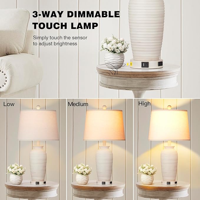 25" Farmhouse Jar Table Lamps, 3 Way Touch Control Rustic Bedside Lamps with USB A+C Ports & AC Outlet, Pot Nightstand Lamps for Bedroom Living Room (LED Bulbs Included)