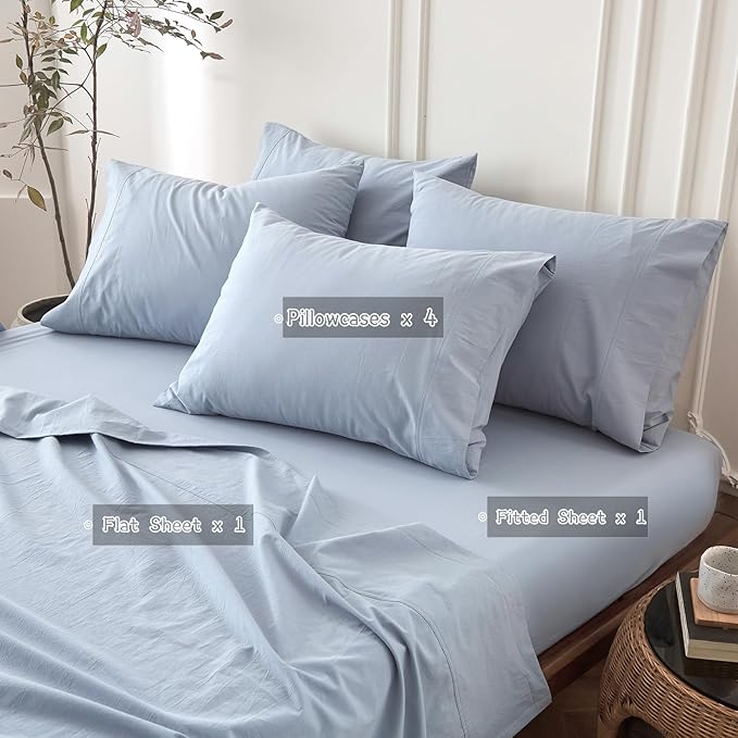 6PS Linen Like Bedding Sheet Sets Cornflower Blue Cotton Bedding Set Oeko-TEX Standard 100% Washed Cotton Deep Pocket Queen Size Fitted Sheet Plus Cozy Flat Sheet and 4 Pillowcases