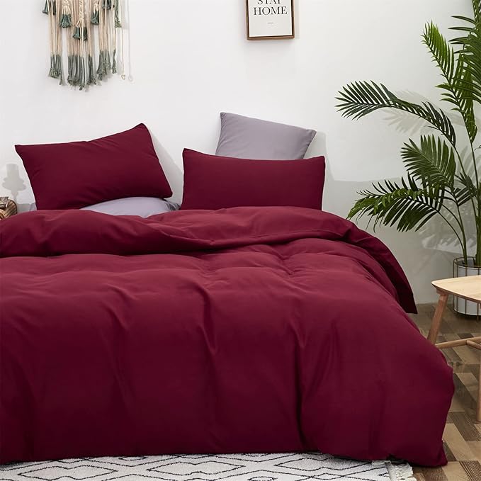 Pureant Burgundy Comforter Sets King Wine Red Bedding Comforters Cotton Solid Dark Color Quilts Cotton Women Girls Luxurious Plain Claret Red Comforter Soft Crimson Bed Noble Bordeaux Blankets