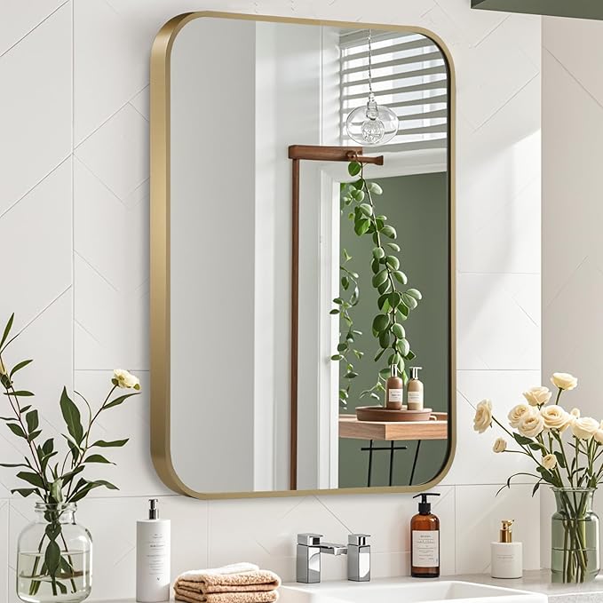 Gold Mirror, 24x36 Inch Framed Rectangle Mirror with Rounded Corner, Brushed Brass Mirror, Gold Bathroom Mirror for Over Sink, Vanity, Living Room, Bedroom, Horizontal/Vertical