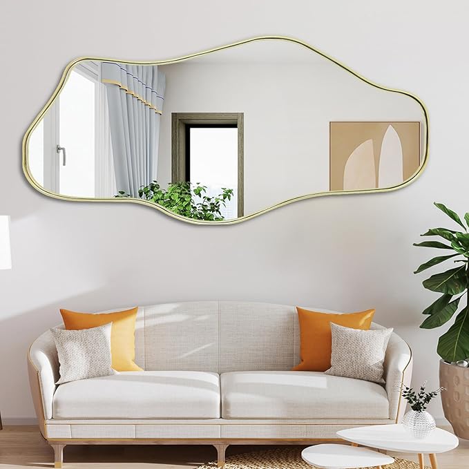 Irregular Wall Mirror, 47.2"x21.5" Asymmetrical Mirror with Gold Metal Frame, Cloud Shaped Waved Decorative Mirrors for Living Room Bathroom Bedroom Hallway Entryway Fireplace