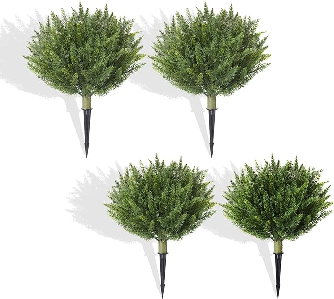 Set of 4 Artificial Cypress Topiary Outdoor Plants with Metal Spike 20", UV Resistant Faux Cedar Shrubs, Fake Shrubs Plants for Front Porch,Garden, Yard, Porch, Patio Decor