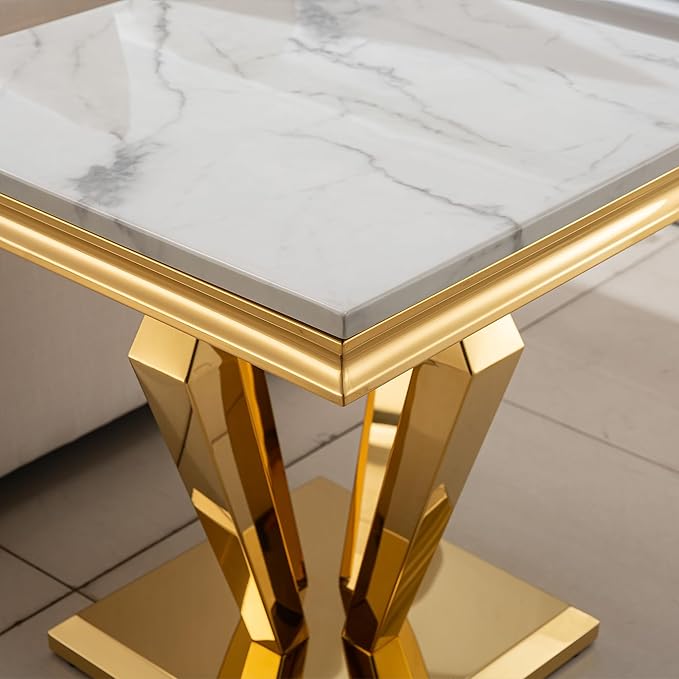 SSLine Modern White Faux Marble End Table Luxury Square Sofa Side Table with Gold Diamond Base Mid-Century Elegant Bedside Table w/Mirrored Stainless Steel Frame for Living Room Bedroom