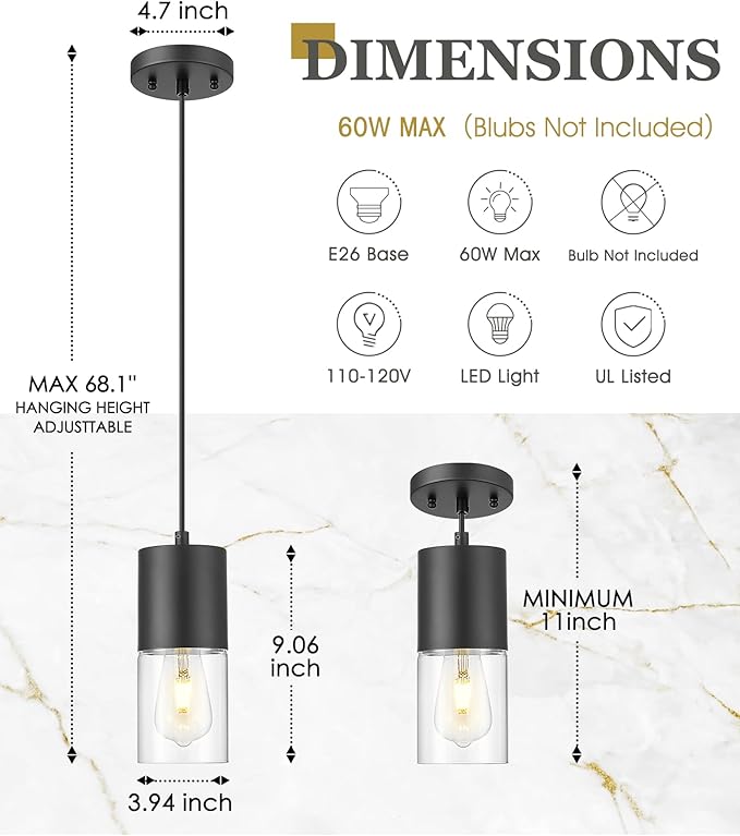 2-Pack Pendant Lights Kitchen Island, Matte Black Hanging Lights Fixtures with Cylinder Clear Glass, Modern Kitchen Pendant Lighting Over Island for Dining Room, AD-24023-1P2-BK